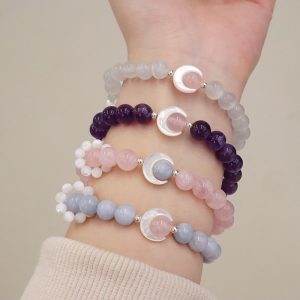 Buddha Stones 925 Sterling Silver Natural Amethyst Aquamarine Pink Crystal Cat's Eye Healing Crescent Moon Bracelet Bracelet BS main