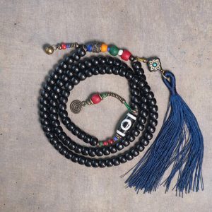 Buddha Stones 108 Beads Mala Ebony Wood Dzi Bead Copper Balance Tassel Bracelet Mala Bracelet BS 18cm