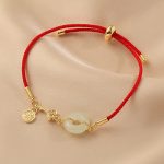 Buddha Stones 18K Gold Plated Hetian Jade Peace Buckle Fu Character Luck Red Rope Bracelet Bracelet BS 5