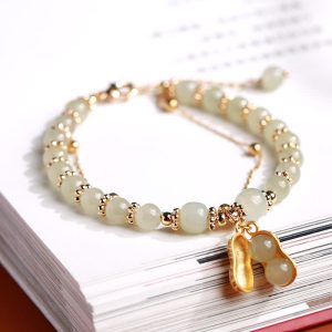 Buddha Stones 925 Sterling Silver Natural Hetian Jade Good Things Happen Peanut Charm Bracelet Bracelet BS Hetian Jade(Prosperity♥Abundance)