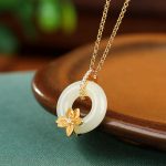 Buddha Stones 925 Sterling Silver Hetian Jade Peace Buckle Flower Luck Necklace Pendant 3