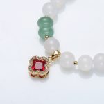 Buddha Stones Natural White Agate Red Agate Money Bag Fu Character Four Leaf Clover Protection Bracelet Bracelet BS 11