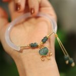 Buddha Stones 925 Sterling Silver Natural Jade Chalcedony Lock of Good Wishes Luck Necklace Pendant Bangle Bracelet Necklaces & Pendants BS Chalcedony&Jade Bangle(Wrist Circumference 15-19cm)