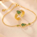 Buddha Stones 925 Sterling Silver Plated Gold Natural Hetian Cyan Jade Gourd Luck Bracelet Ring Set Bracelet Necklaces & Pendants BS 925 Sterling Silver Plated Gold 2Pcs(Ring&Bracelet)