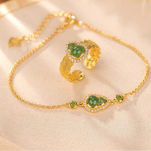 Buddha Stones 925 Sterling Silver Plated Gold Natural Hetian Cyan Jade Gourd Luck Bracelet Ring Set Bracelet Necklaces & Pendants BS 925 Sterling Silver Plated Gold 2Pcs(Ring&Bracelet)
