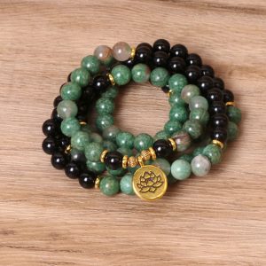 Buddha Stones 108 Beads Natural Agate Mala Healing Bracelet Mala Bracelet BS Green Agate&Black Onyx