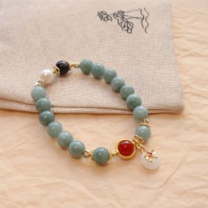 Buddha Stones Natural Jade Red Agate Pearl Bow Tie Luck Bracelet Bracelet BS Jade Beads Bow Tie Bracelet(Wrist Circumference: 14-16cm)