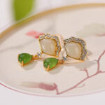Buddha Stones White Jade Cyan Jade Fan Water Drop Pattern Luck Drop Earrings Earrings BS 1
