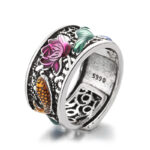 Buddha Stones Copper Blue Enamel Lotus Heart Sutra Koi Fish Luck Ring Ring BS 11