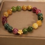Buddha Stones Natural Colorful Tourmaline Golden Flower Positive Bracelet Bracelet BS Tourmaline(Positive♥Love)(Wrist Circumference 14-16cm)