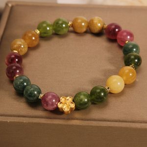 Buddha Stones Natural Colorful Tourmaline Golden Flower Positive Bracelet Bracelet BS Tourmaline(Positive♥Love)(Wrist Circumference 14-16cm)