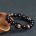 Buddha Stones Gold Sheen Obsidian Silver Sheen Obsidian Lovely Paw Lucky Cat Protection Bracelet Bracelet BS Silver Sheen Obsidian Cat Head 10mm