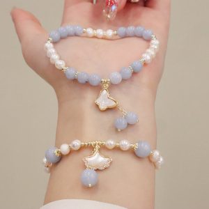 Buddha Stones Natural Aquamarine Pearl Healing Ginkgo Leaf Butterfly Charm Bracelet Bracelet BS main