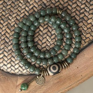 Buddha Stones Cyan Bodhi Seed Dzi Bead Wisdom Peace Triple Wrap Bracelet Mala Bracelet BS 18cm