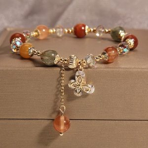 Buddha Stones Natural Fu Lu Shou Rainbow Crystal Rutilated Quartz Wealth Butterfly Charm Bracelet Bracelet BS Fu Lu Shou Crystal(Wrist Circumference 14-16cm)