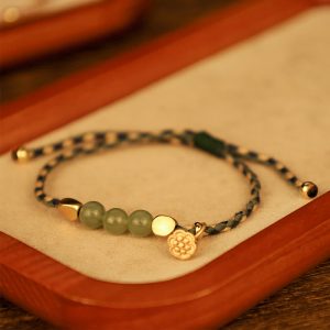 Buddha Stones Handcrafted Hetian Jade Lotus Charm Luck Braided Bracelet Bracelet BS Green Rope(Wrist Circumference 14-16cm)