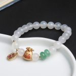 Buddha Stones Natural White Agate Red Agate Money Bag Fu Character Four Leaf Clover Protection Bracelet Bracelet BS 1