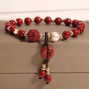 Buddha Stones Natural Cinnabar Peace Buckle Copper Coin Charm Blessing Bracelet Bracelet BS Cinnabar(Calm♥Concentration)