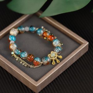 Buddha Stones Colorful Liuli Glass Bead Chinese Lock Charm Fortune Bracelet Bracelet BS Colorful Liuli Glass Bead(Wrist Circumference 14-16cm)