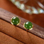 Buddha Stones 925 Sterling Silver Plated Gold Natural Hetian Cyan Jade Bead Luck Stud Earrings Earrings BS Hetian Cyan Jade(Success♥Healing)