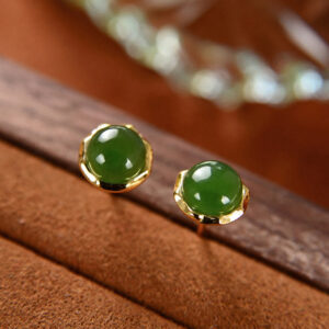 Buddha Stones 925 Sterling Silver Plated Gold Natural Hetian Cyan Jade Bead Luck Stud Earrings Earrings BS Hetian Cyan Jade(Success♥Healing)