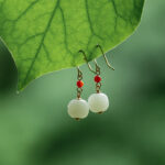 Buddha Stones 925 Sterling Silver 14K Gold Plated Hetian Jade Red Agate Luck Drop Dangle Earrings Earrings BS 8