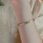 Buddha Stones 14K Gold Plated Tridacna Stone Hetian Jade Bead Bamboo Pattern Bracelet Bracelet BS 4