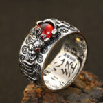 Buddha Stones FengShui PiXiu Red Garnet Heart Sutra Wealth Ring Ring BS 3