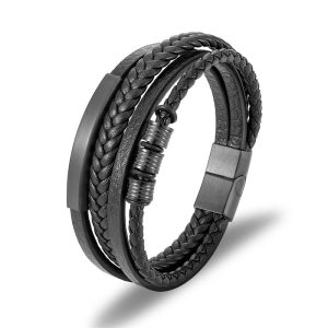 Buddha Stones Leather Multi-Layer Titanium Steel Balance Braided Magnetic Buckle Bracelet Bracelet BS Black 21.5cm