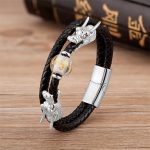 Buddha Stones Double Dragon Head Leather Stone Titanium Steel Success Bracelet (Extra 35% Off | USE CODE: FS35) Bracelet BS Silver Silver Bead