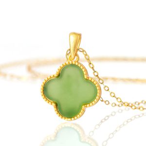Buddha Stones 925 Sterling Silver Natural Hetian Jade Luck Four Leaf Clover Necklace Pendant Necklaces & Pendants BS Hetian Jade(Prosperity♥Abundance)