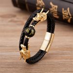 Buddha Stones Double Dragon Head Leather Stone Titanium Steel Success Bracelet (Extra 35% Off | USE CODE: FS35) Bracelet BS 1
