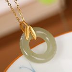 Buddha Stones 925 Sterling Silver Cyan Jade Peace Buckle Bamboo Leaf Harmony Necklace Pendant Necklaces & Pendants BS 3