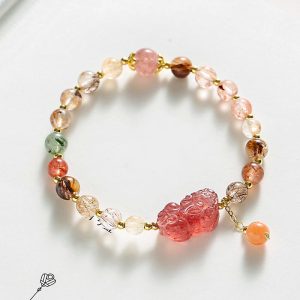 Buddha Stones Natural Rutilated Quartz Strawberry Quartz PiXiu Wealth Bracelet Bracelet BS Rutilated Quartz(Auspiciousness♥Courage)(Wrist Circumference 14-17cm)