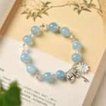 Buddha Stones 925 Sterling Silver Natural Aquamarine Serenity Flower Love Key Charm Bracelet Bracelet BS 1