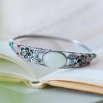 Buddha Stones Cyan Jade White Jade Flower Leaf Harmony Luck Bracelet Bangle Bracelet Bangle BS White Jade&Silver Bangle