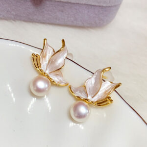 Buddha Stones 925 Sterling Silver Posts Copper Plated Gold Natural Pearl Bead Butterfly Wisdom Stud Earrings 1