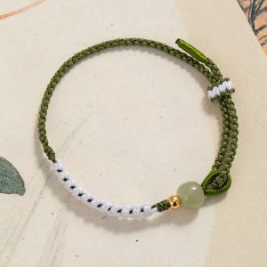 Buddha Stones 925 Sterling Silver Hetian Jade Bead Luck Braided Rope Bracelet 1