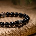 Buddha Stones Chinese Zodiac Natal Buddha 925 Sterling Silver Black Obsidian Moonstone Strength Bracelet Bracelet BS 16