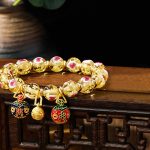 Buddha Stones Gold Swallowing Beast Family Pink Love Heart Luminous Fluorescent Liuli Glass Bead Bracelet Bracelet BS Gold Gold Swallowing Beast Family