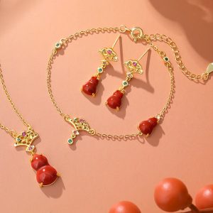 Buddha Stones 925 Sterling Silver Red Agate Gourd Auspicious Clouds Confidence Bracelet Necklace Pendant Earrings Set Bracelet Necklaces & Pendants BS 3Pcs(Necklace Bracelet&Earrings)