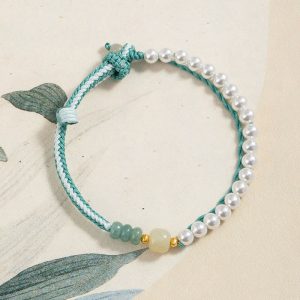 Buddha Stones 925 Sterling Silver Hetian Jade Braided Rope Pearl Abundance Bracelet 1