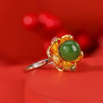 Buddha Stones 925 Sterling Silver White Jade Cyan Jade Lotus Flower Success Ring Ring BS 11