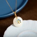Buddha Stones 925 Sterling Silver Natural Hetian White Jade Peacock Blessing Necklace Pendant Ring Earrings Set Bracelet Necklaces & Pendants BS 3