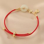 Buddha Stones 18K Gold Plated Hetian Jade Peace Buckle Fu Character Luck Red Rope Bracelet Bracelet BS 7
