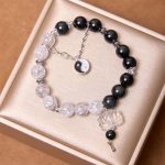 Buddha Stones Silver Sheen Obsidian Crackle Clear Quartz Black Rutilated Quartz Yin Yang Lotus Protection Bracelet Bracelet BS 1
