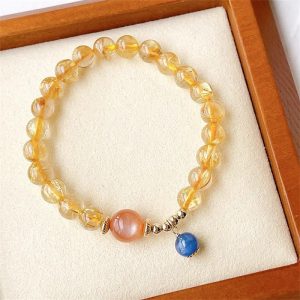 Buddha Stones Natural Gold Rutilated Quartz Sun Stone Kyanite Wealth Bracelet Bracelet BS Rutilated Quartz(Auspiciousness♥Courage)(Wrist Circumference 14-16cm)