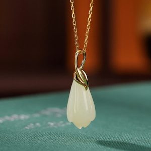 Buddha Stones 925 Sterling Silver Plated Gold Natural Hetian Jade Magnolia Flower Abundance Necklace Pendant Necklaces & Pendants BS Hetian Jade(Prosperity♥Abundance)