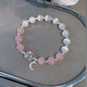 Buddha Stones Natural Cat's Eye Pink Crystal Moon Love Charm Bracelet Bracelet BS Cat's Eye&Pink Crystal
