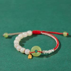 Buddha Stones 925 Sterling Silver Hetian Jade Peace Buckle Beaded Luck Happiness Charm Bracelet Bracelet BS Red
